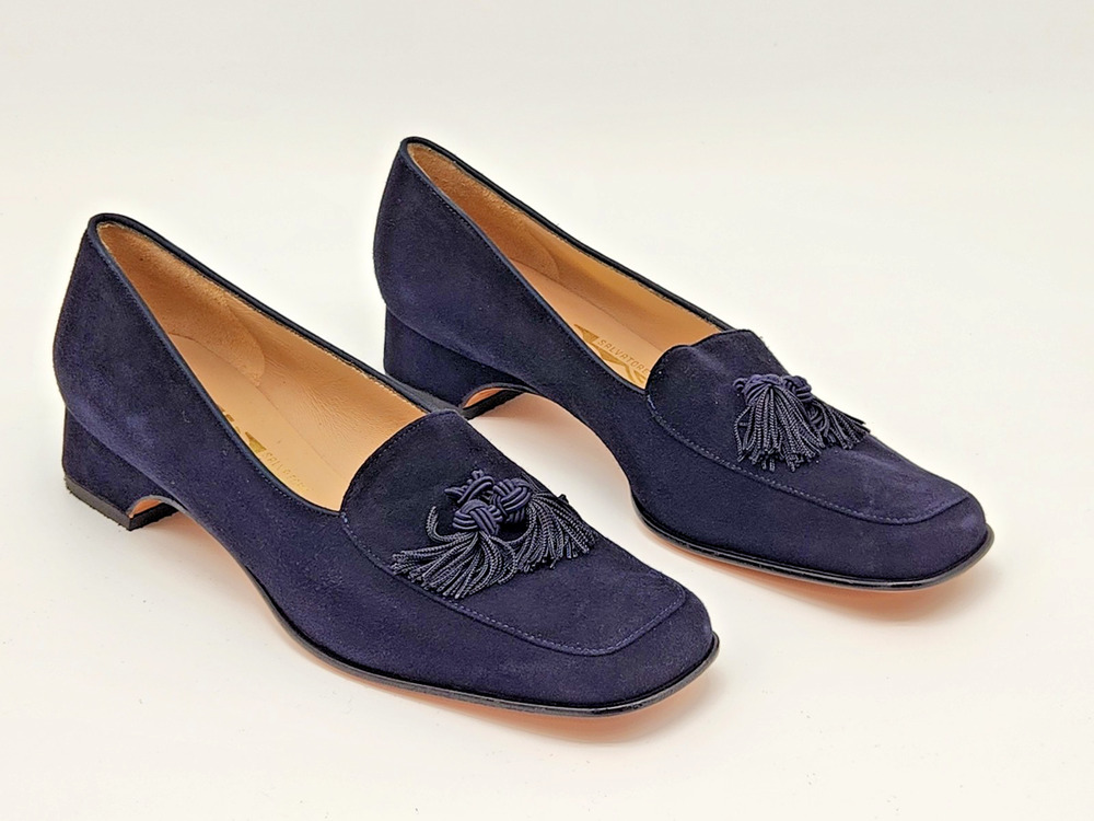Women's Dark Blue Salvatore Ferragamo Suede Tassel Loafers Size 8 2A